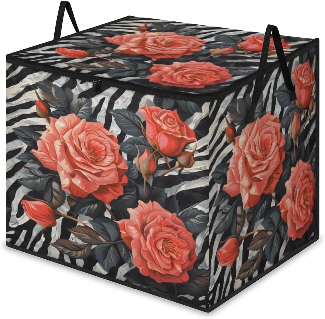 Honeybaby 214L Extra Large Comforter Storage Bag Zebra Pattern Rose Storage Totes with Lids Waterproof Closet Organizer Folding Blanket Storage Bags for Clothes Bedding Pillows