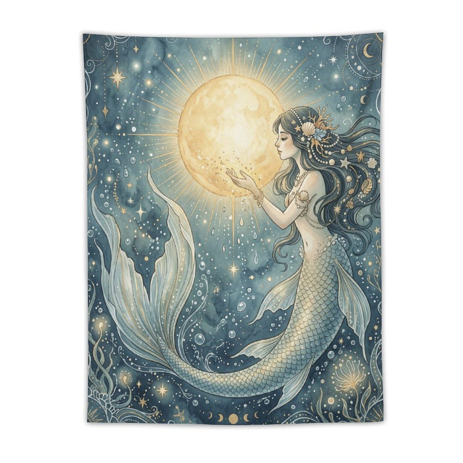 H3B8U2Y5 Moon Mermaid Celestial Wall Tapestry, Art Nouveau Fantasy