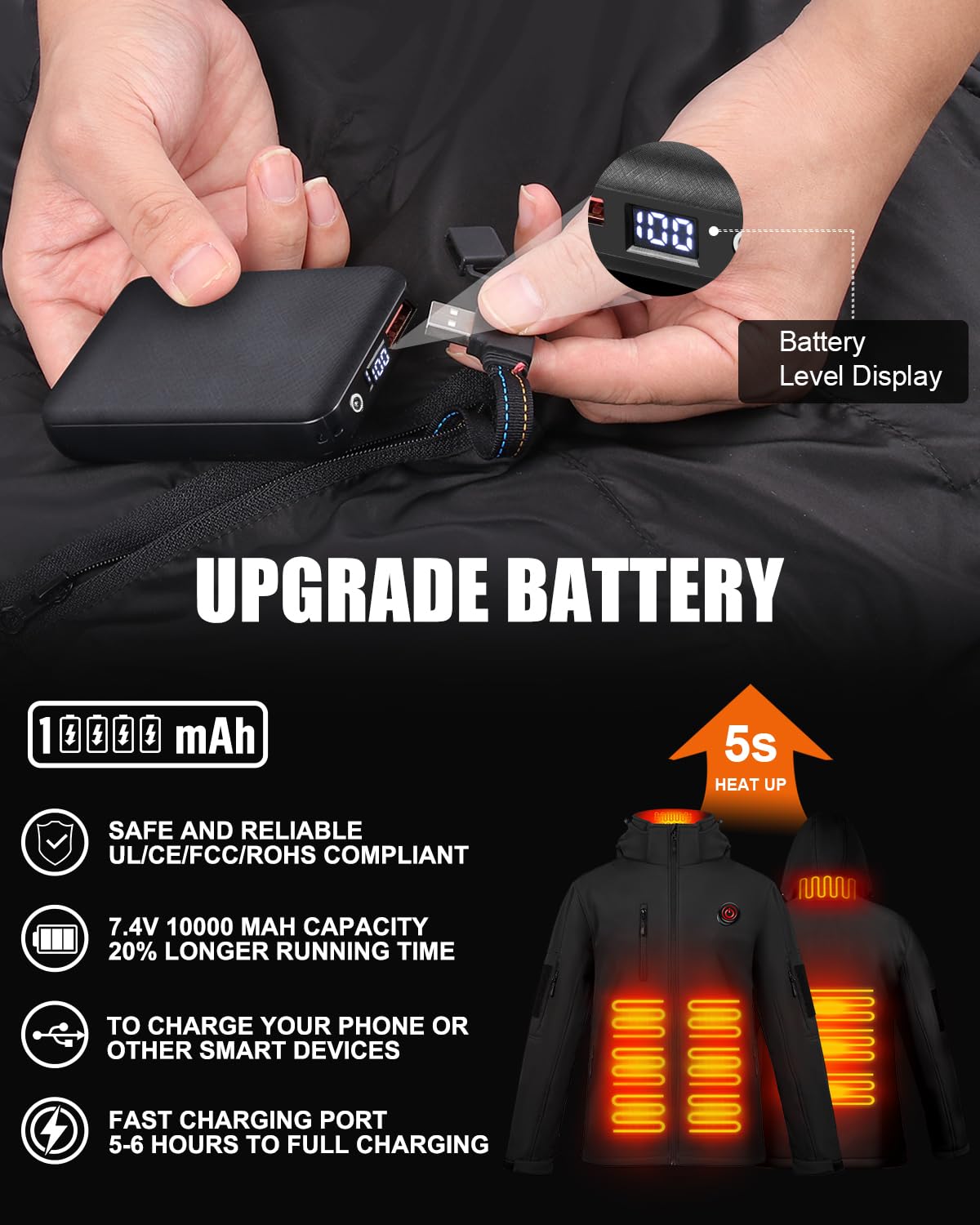 Veste Chauffante Homme, Doudoune Chauffante Électrique Batterie 7.4V 10000mAh, Imperméable Veste Chauffante avec Capuche Amovible pour la Pêche Extérieur Ski