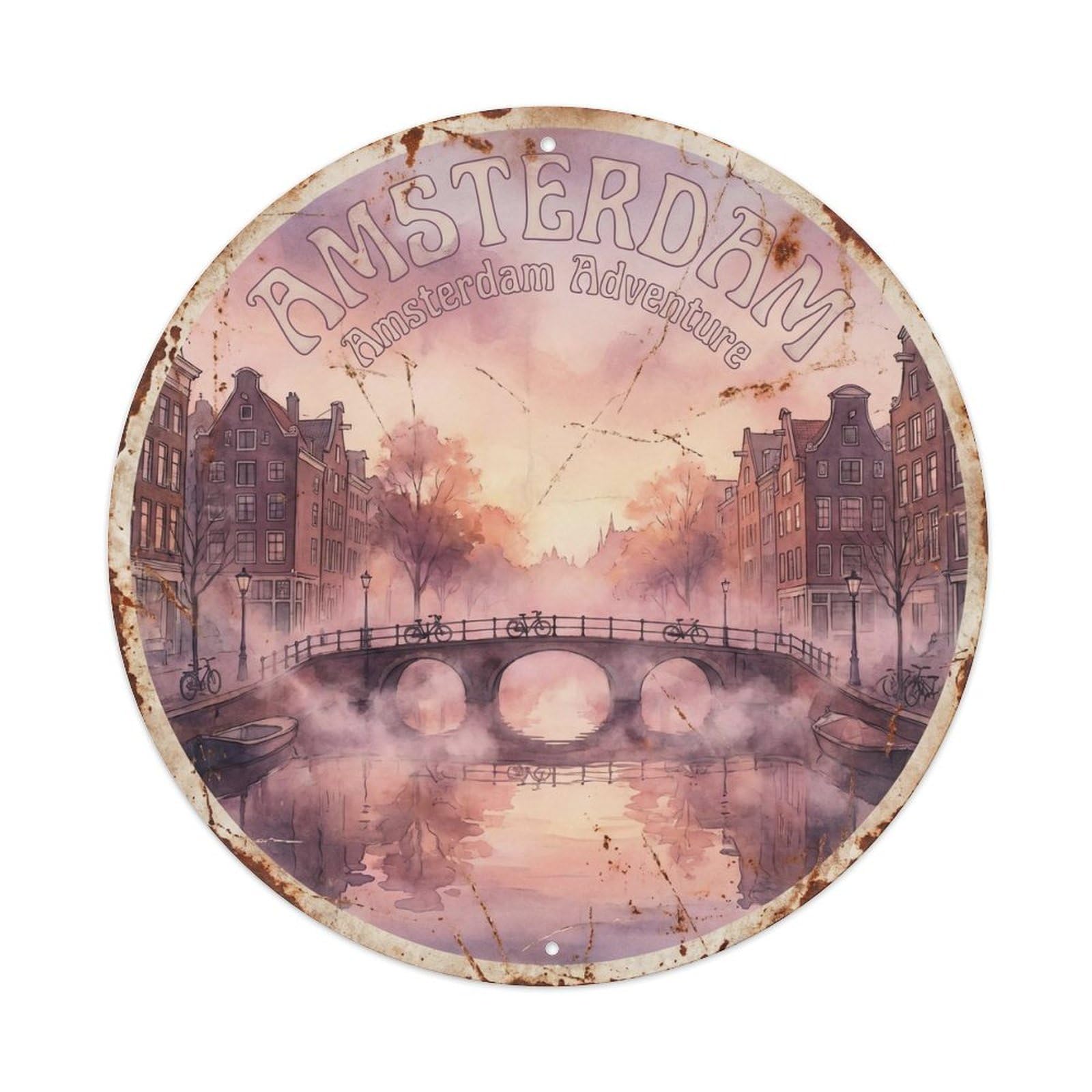 Vintage Travel Dutch Canal Sunrise Metal Tin Sign Plaque Wall Decor for Cafe, Club, Garden Round Metal Poster 8x8Inch