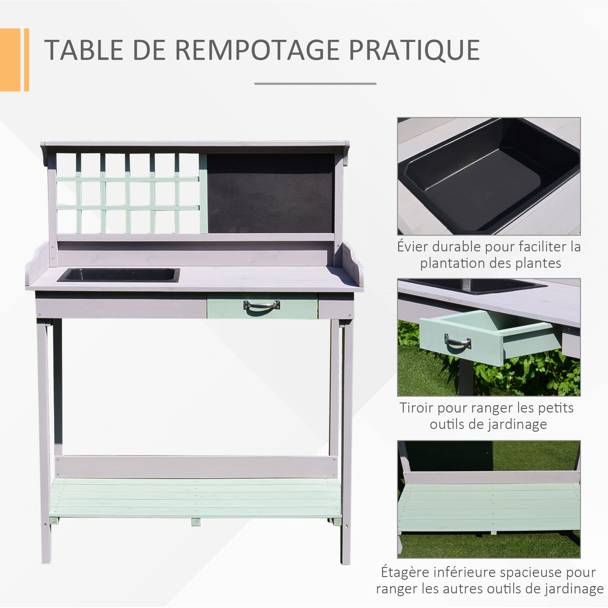 Outsunny - Mesa de jardinería con cajón, estante, fregadero 92 x 42,5 x 119,5 cm. Mesa de plantación de madera maciza, pino pre-aceitado, gris, verde menta