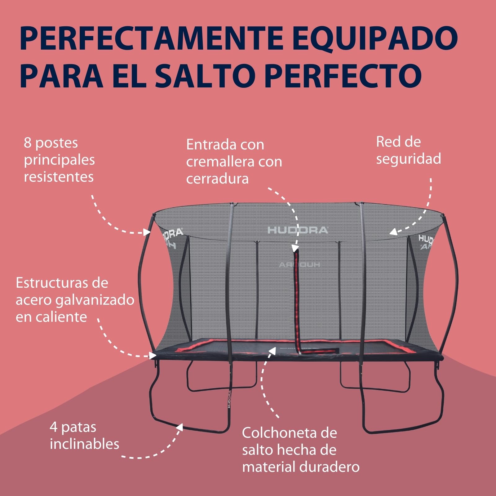 HUDORA trampolín 4square - 244x366/215x305cm Gran trampolín Rectangular para Exterior - Trampolín Deportivo Rectangular para hasta 120kg - Trampolín Familiar con Gran Rebote -Trampolín de Calidad