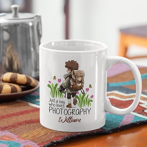 Miniatura 4 de Just A Boy Who Loves - Taza de café personalizada para fotógrafo, taza de té personalizada con nombre, regalo para fotógrafo, taza de porcelana