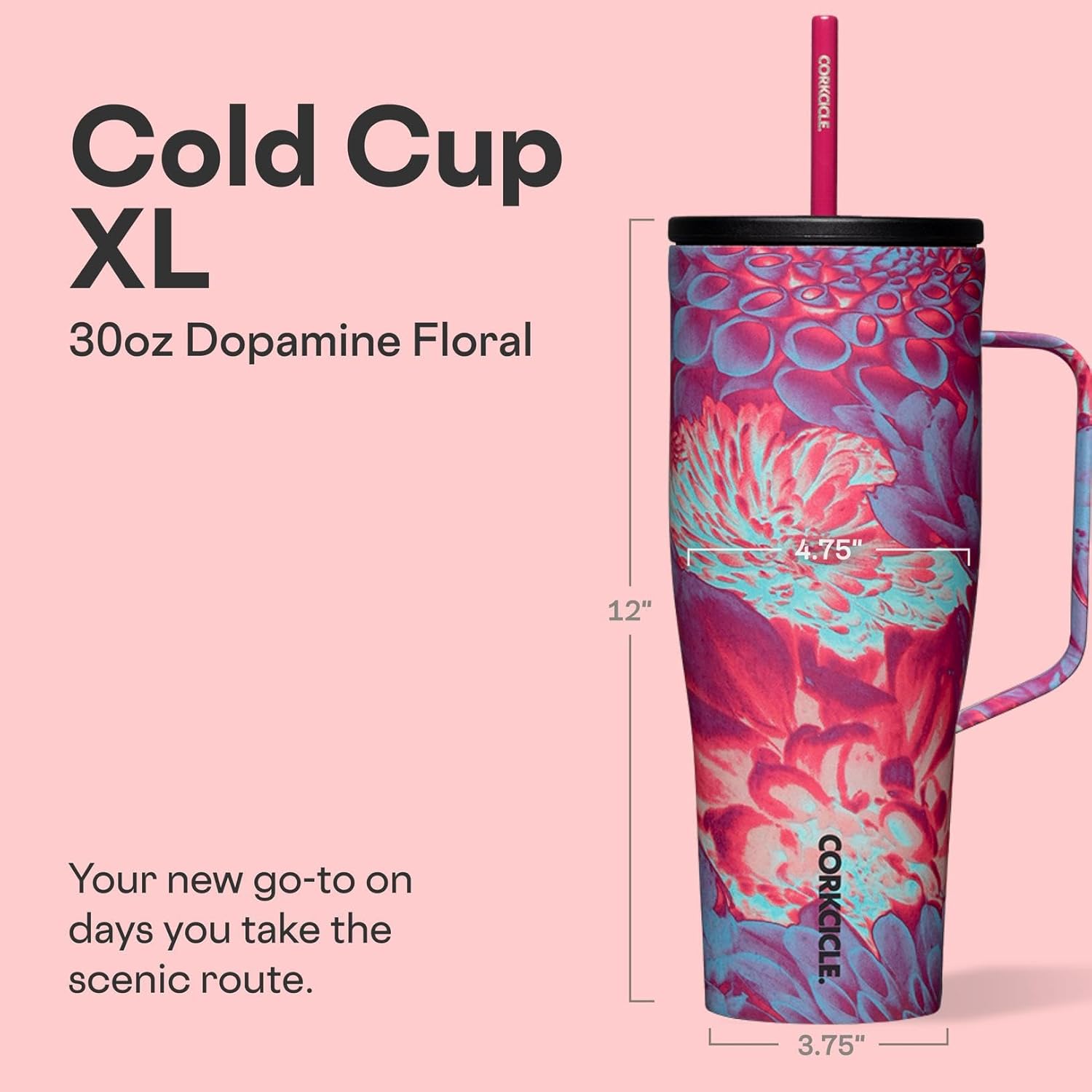 Corkcicle Cold Cup XL - Insulated Tumbler with Handle - Keeps Drinks Cold 12 Hours - Triple-Insulated - Spill-Proof Lid - Summer Drinkware Gift - Keeps Drinks Ice Cold - 30 oz - Dopamine Floral - Image 2