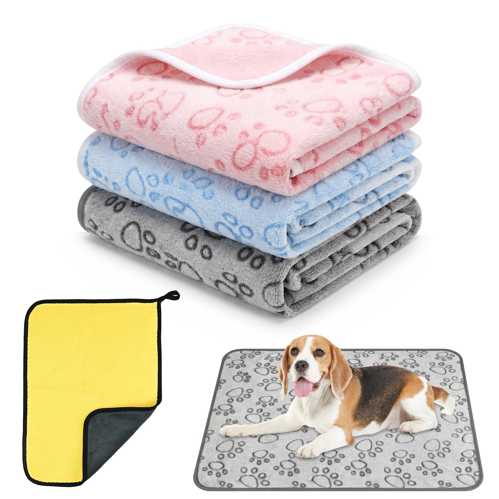 PokeAir 3 Pack Dog Blanket Washable - 104x76cm Soft Fluffy Blankets with Super Absorbent Pet Towel for Small Medium Dogs Cats, Soft Flannel Fleece Pet Blanket for Sofa Bed Car Seat, Throw Blanket
