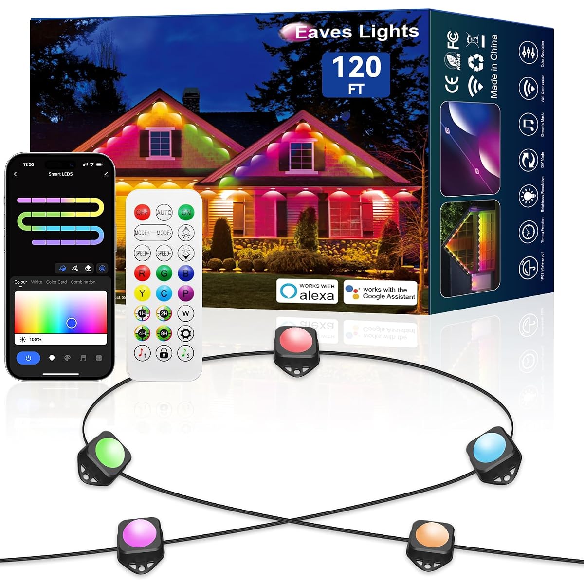 lemonlovely 120FT Outdoor LED Eaves Lights, IP67 Waterproof, Black, Model 2323,