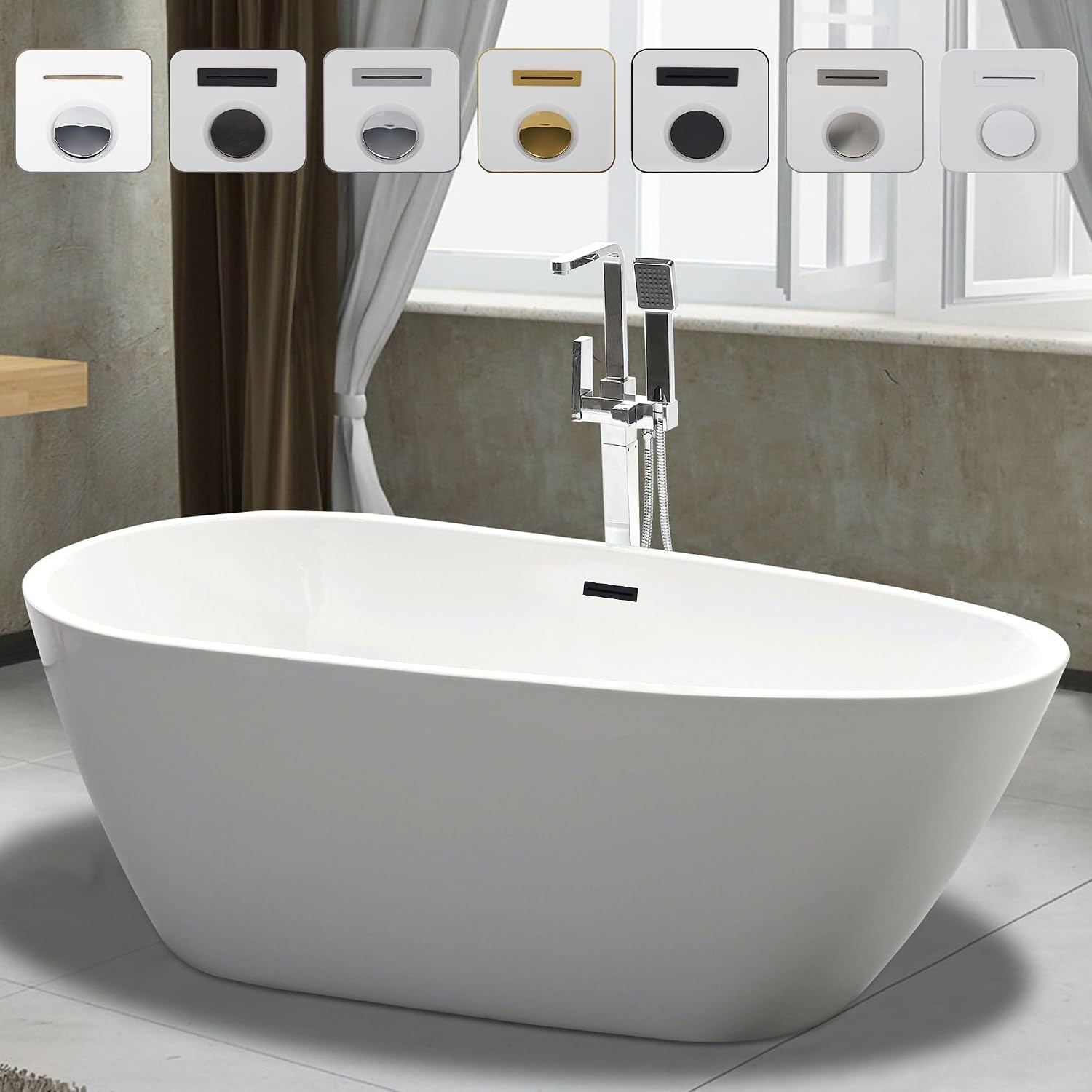 Vanity Art 59 x 30 Inches Freestanding White Acrylic Bathtub | Modern Stand Alone Soaking Tub with Overflow and Pop-up Drain, UPC Certified, VA6515-S-ORB