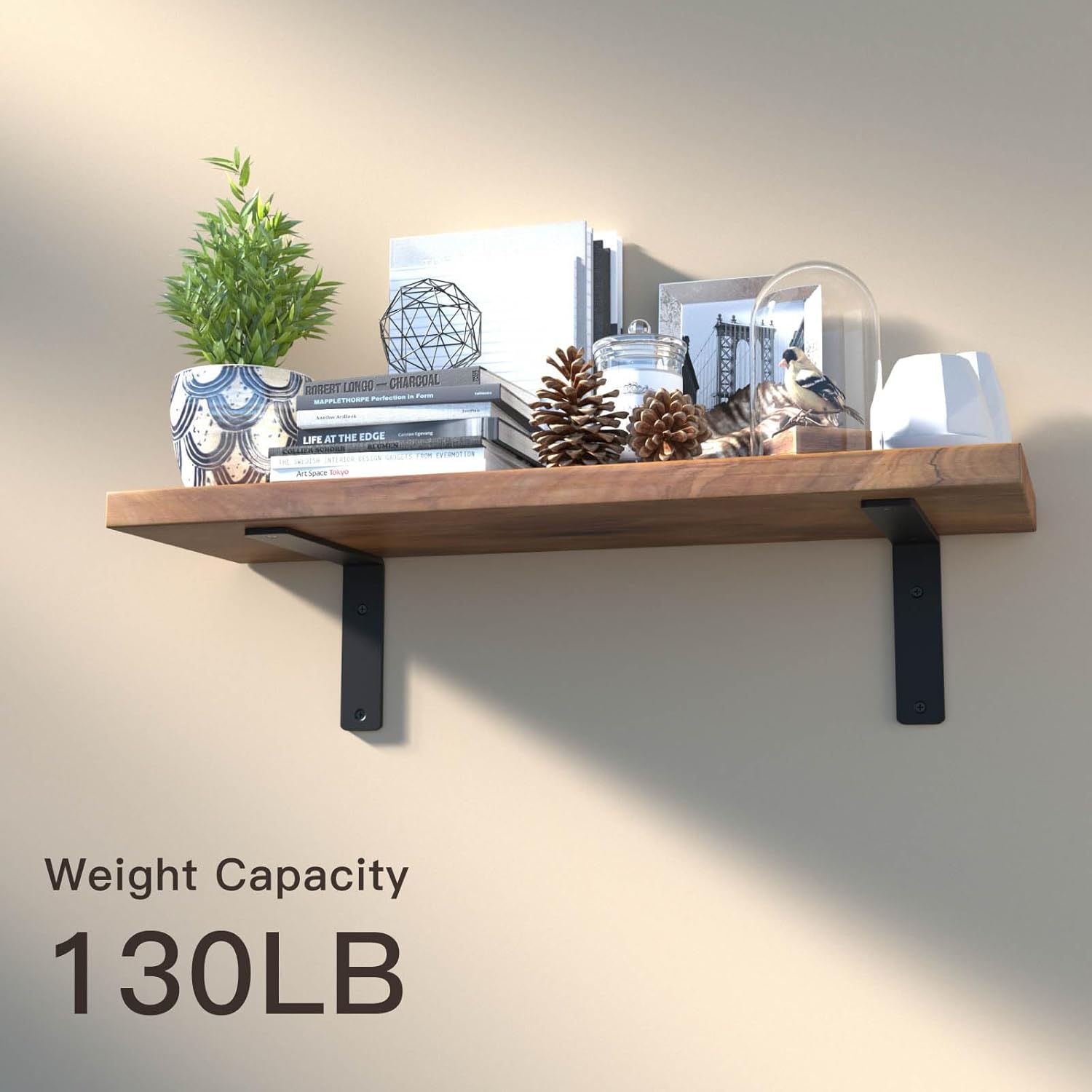 6 Pack 8 Inch Floating L Shelf Brackets for DIY,1/5 Inch Thick Heavy Duty Metal Shelf Bracket for Wall,Premium Black Powder Coated Steel