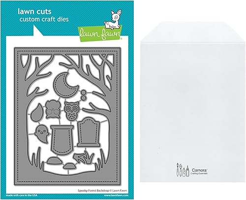 Lawn Fawn Troqueles de fondo de bosque espeluznante, bolsillo de almacenamiento Carnora, paquete de 2 artículos