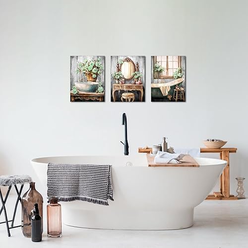 Miniatura 2 de iHAPPYWALL 3 piezas de decoración de baño, arte de pared para bañera, lavabo y tocador, pintura floral verde, decoración de pared de baño, arte