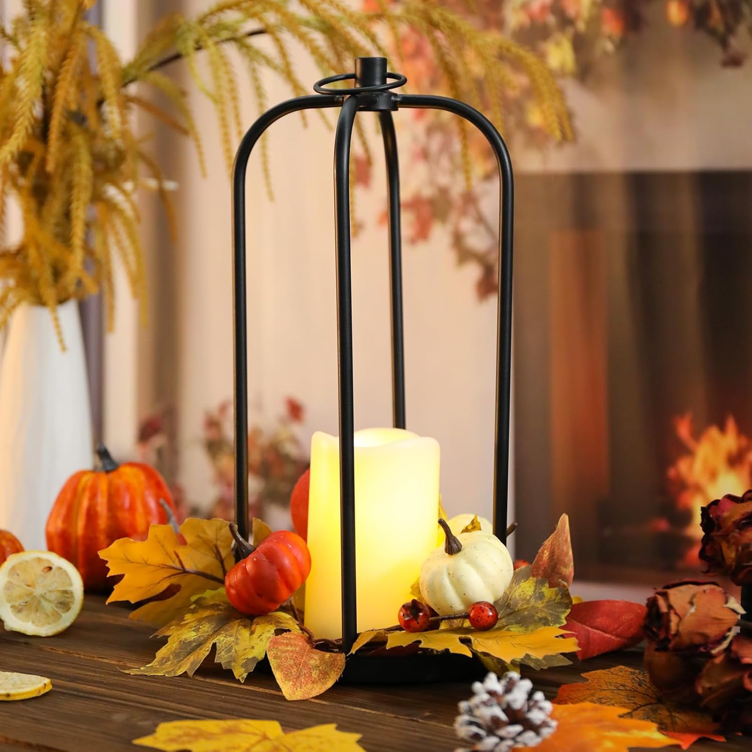 Outdoor Thanksgiving Decor 2 Packs, Fall Decorations Lantern15 Waterproof Decorative Lantern Indoor Decor Metal Hanging Candle Holder LED Flameless Candle Lantern for Patio, Porch