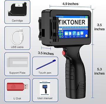 Handheld Inkjet Printer Gun with 42ml Quick-Drying Ink Cartridge, Handheld Inkjet Coding Machine with 4.3 inch Touch Screen for Text QRCode/Barcode/Batch Number/Date/Image