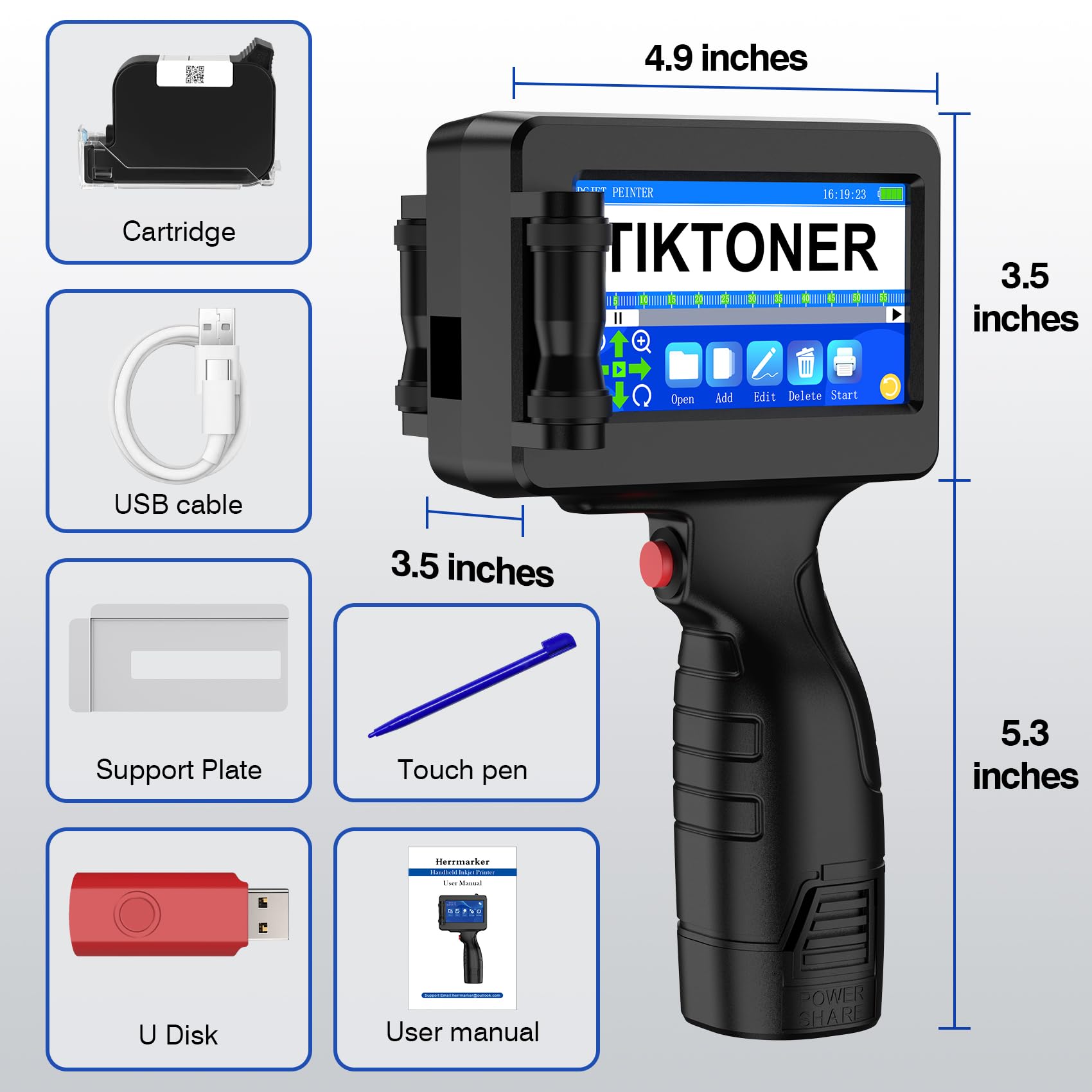 Imprimante à Jet d'encre Portable TIJ314, Pistolet d'Imprimante à Main 42ML, Écran Tactile 4,3" pour Texte, QR Code, Code-Barres