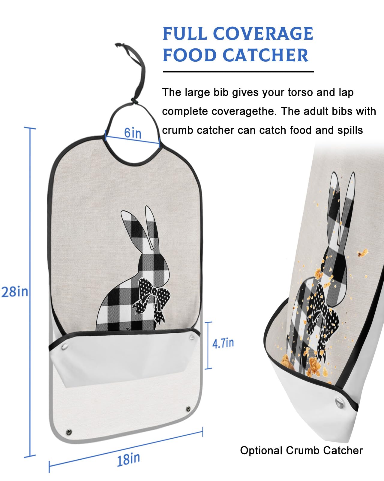 Spring Easter Adult Bibs for Eating, Waterproof Bibs with Food Catcher & Adjustable Snap Closure, Black and White Buffalo Plaid Bunny Washable Clothing Protectors Adult Bibs for Elderly Women/Men