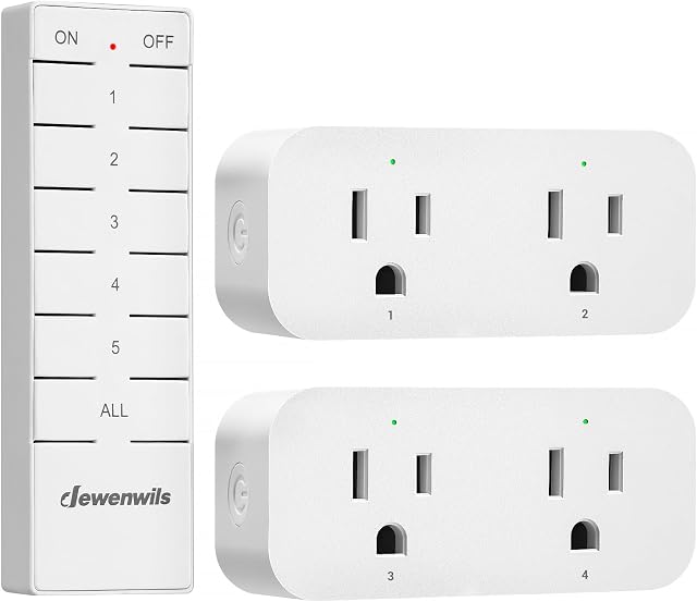DEWENWILS Indoor Remote Control Outlet, 15A/1875W Remote Outlet 2 Pack, 4 Independent Control, 1 Main Control, 100FT Range, Remote Outlet Switch for Vacs, Lamp, Fan, Christmas Light White