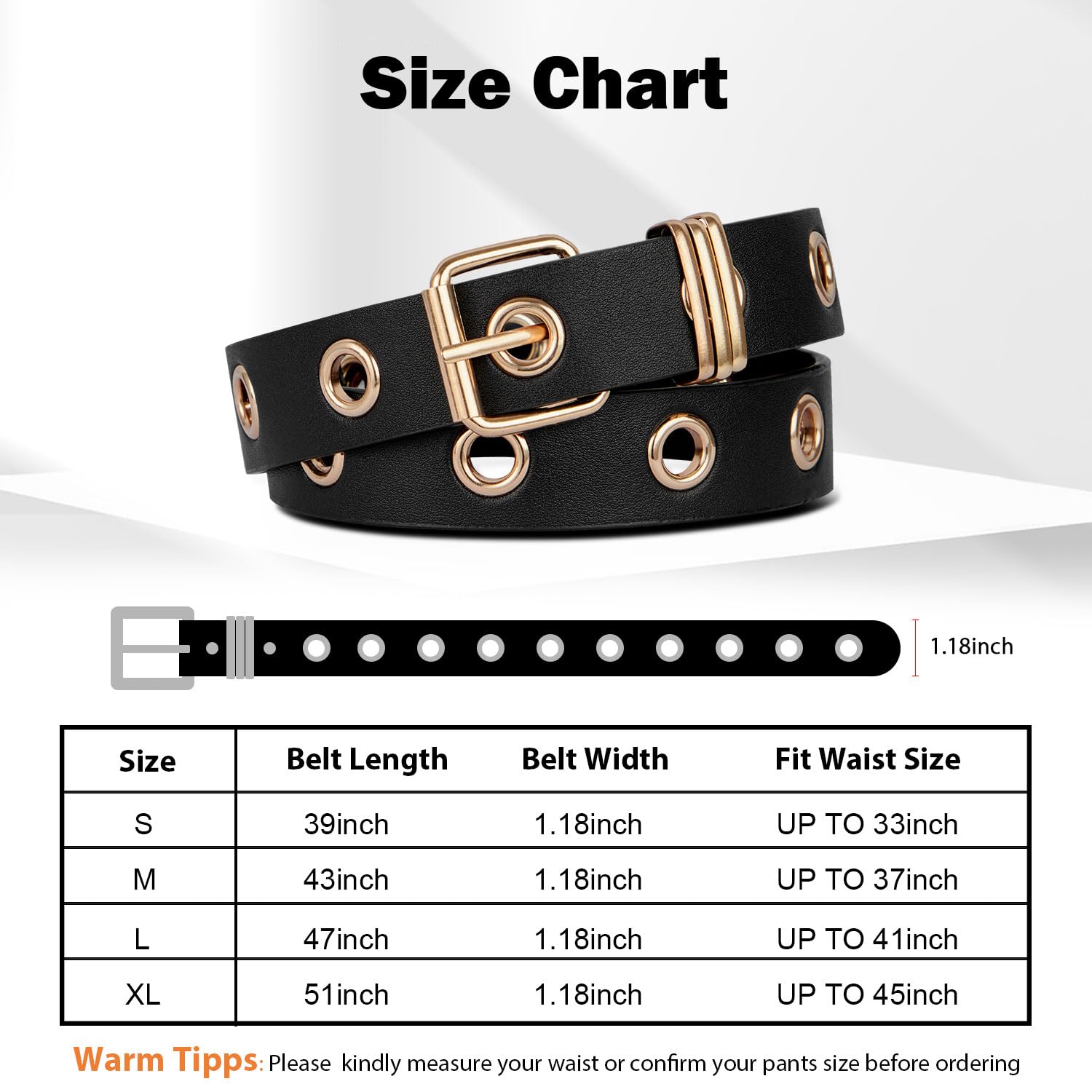 FIORETTO Single Grommet Leather Belt Women Men Punk Rock Waist Belts for Jeans Pants Single Holes Black-Gold
