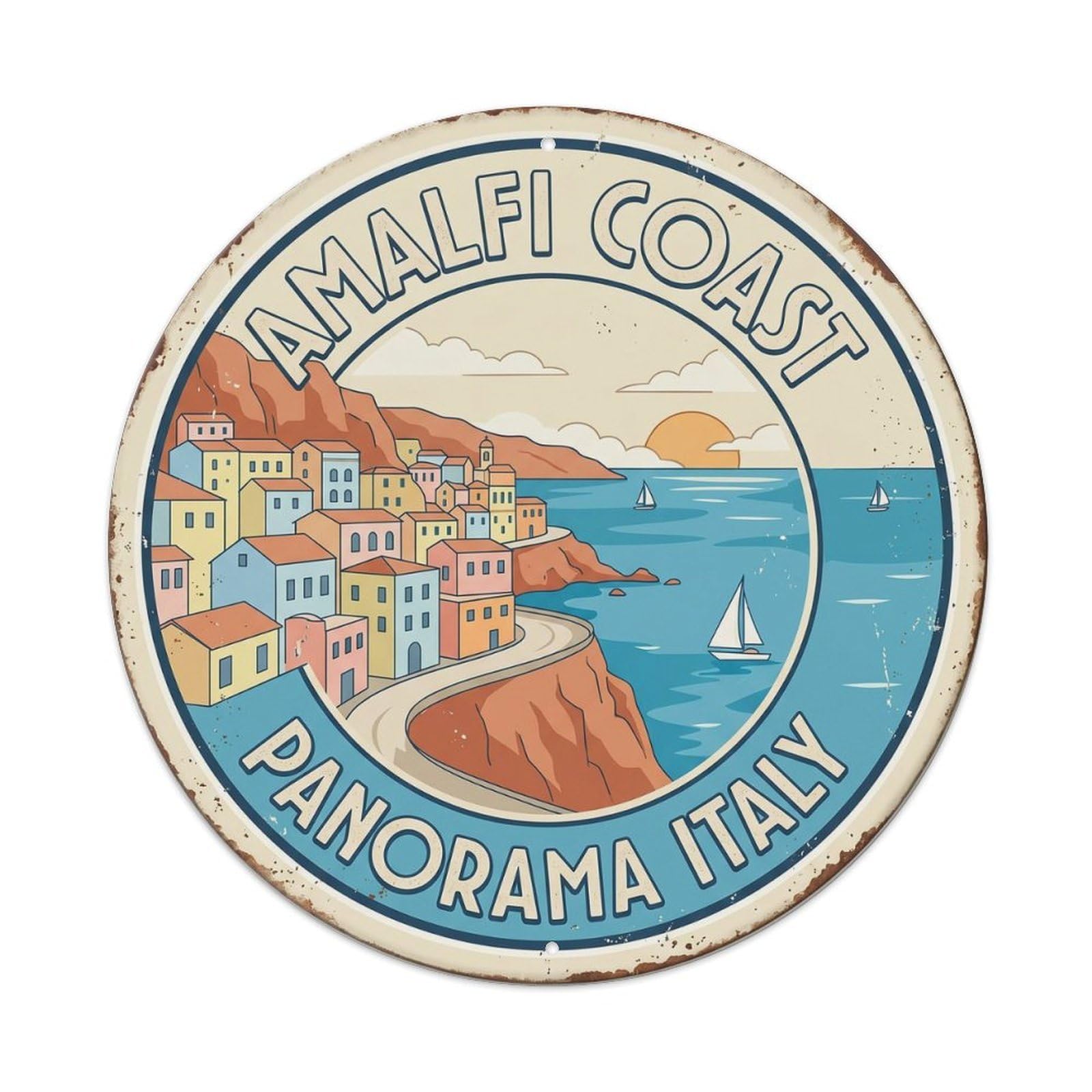 Amalfi Coast Panorama Italy Seaside Metal Tin Sign Plaque Wall Decor for Cafe, Club, Garden Round Metal Poster 8x8Inch