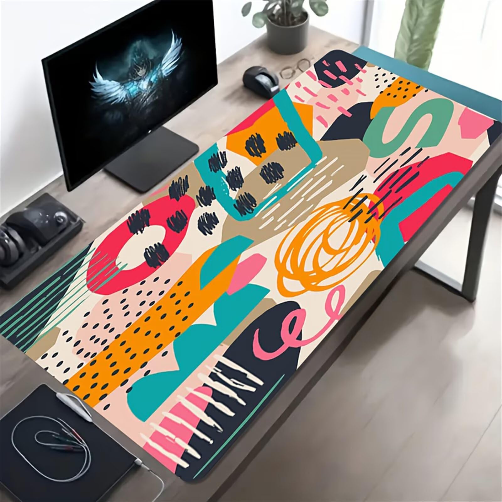 Tappetino per Mouse Gaming XXL 1200x600x2 mm, Mousepad Extra Large da Scrivania con Bordi Cuciti, Tappetino per Tastiera Antiscivolo, Superficie Ottimizzata per Sensori Ottici, Rosa Giallo Verde