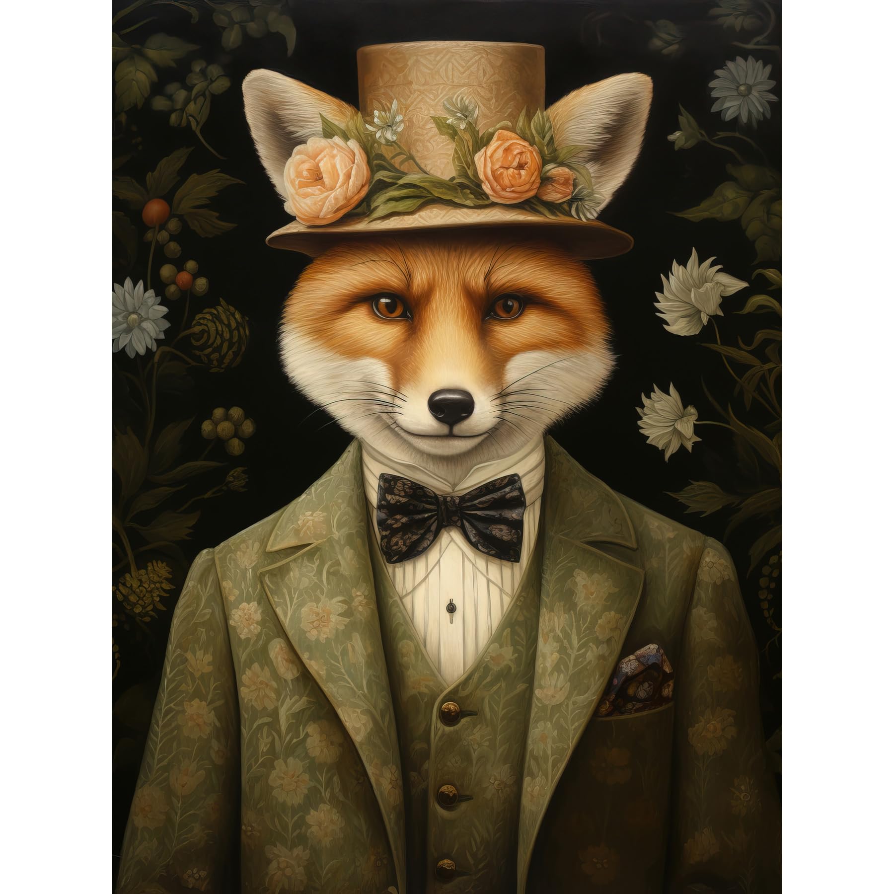 Fox in Floral Victorian Suit Top Hat Surrealism Artwork Print - Green Orange Woodland Gentleman Poster - Artery8