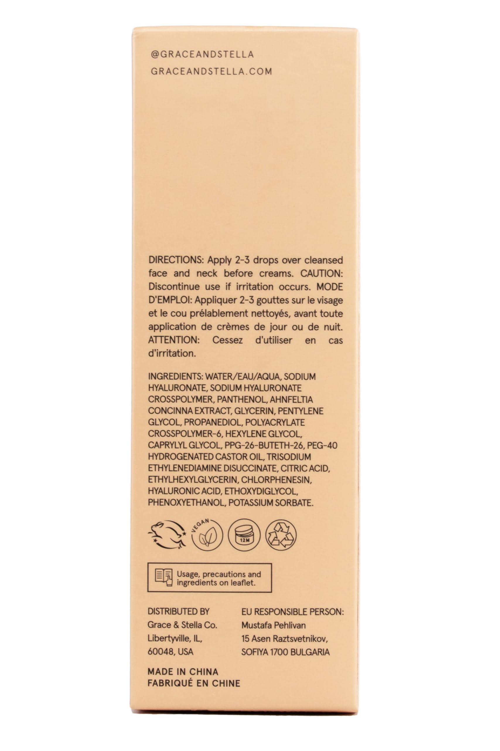 grace & stella Suero de ácido hialurónico para la cara, suero facial hidratante para mujeres, suero antiarrugas para líneas finas, suero hidratante vegano sin parabenos (30 ml)