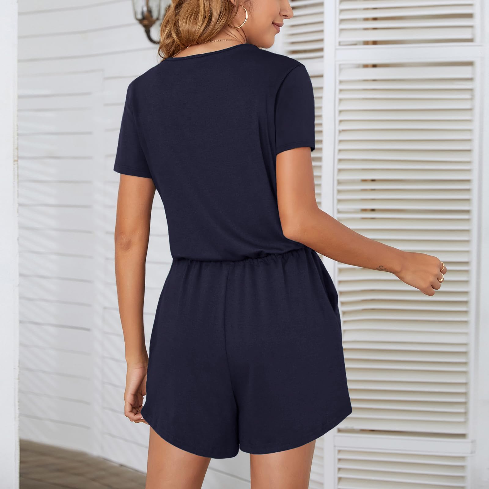 Combinaison d'été élégante et décontractée pour femme - Manches courtes - Taille élastique réglable - Couleur unie - Avec poches