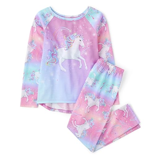 The Children's Place Girls' Long Sleeve Top and Pants 2 Piece Pajama Set, Pink Unicorn Swirl, Medium