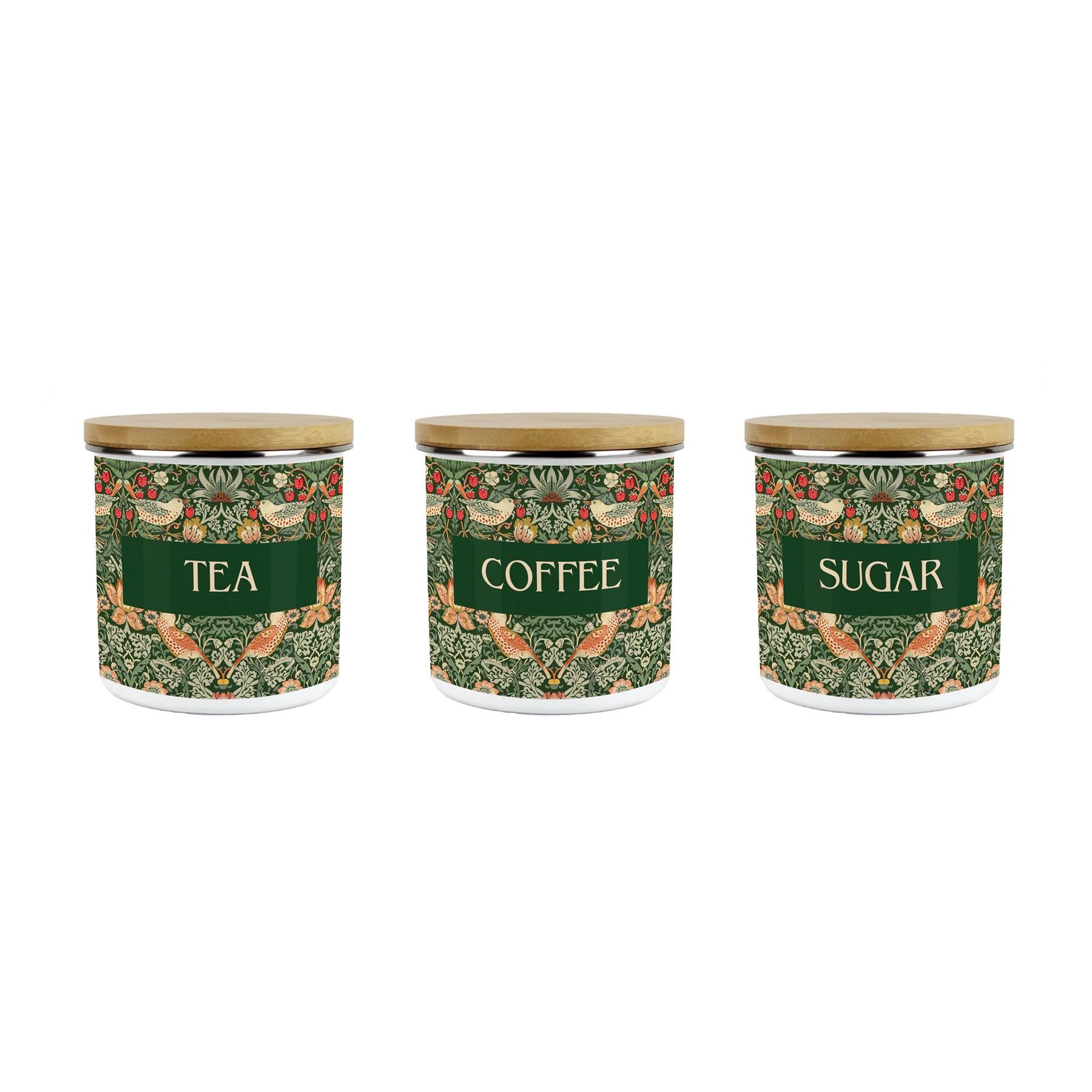 Purely Home Green Strawberry Thief Tea, Coffee & Sugar Storage Canisters Set - Morris Inspired Floral Tapestry Artwork - 600ml Medium Enamel Hot Drinks Containers Set of 3