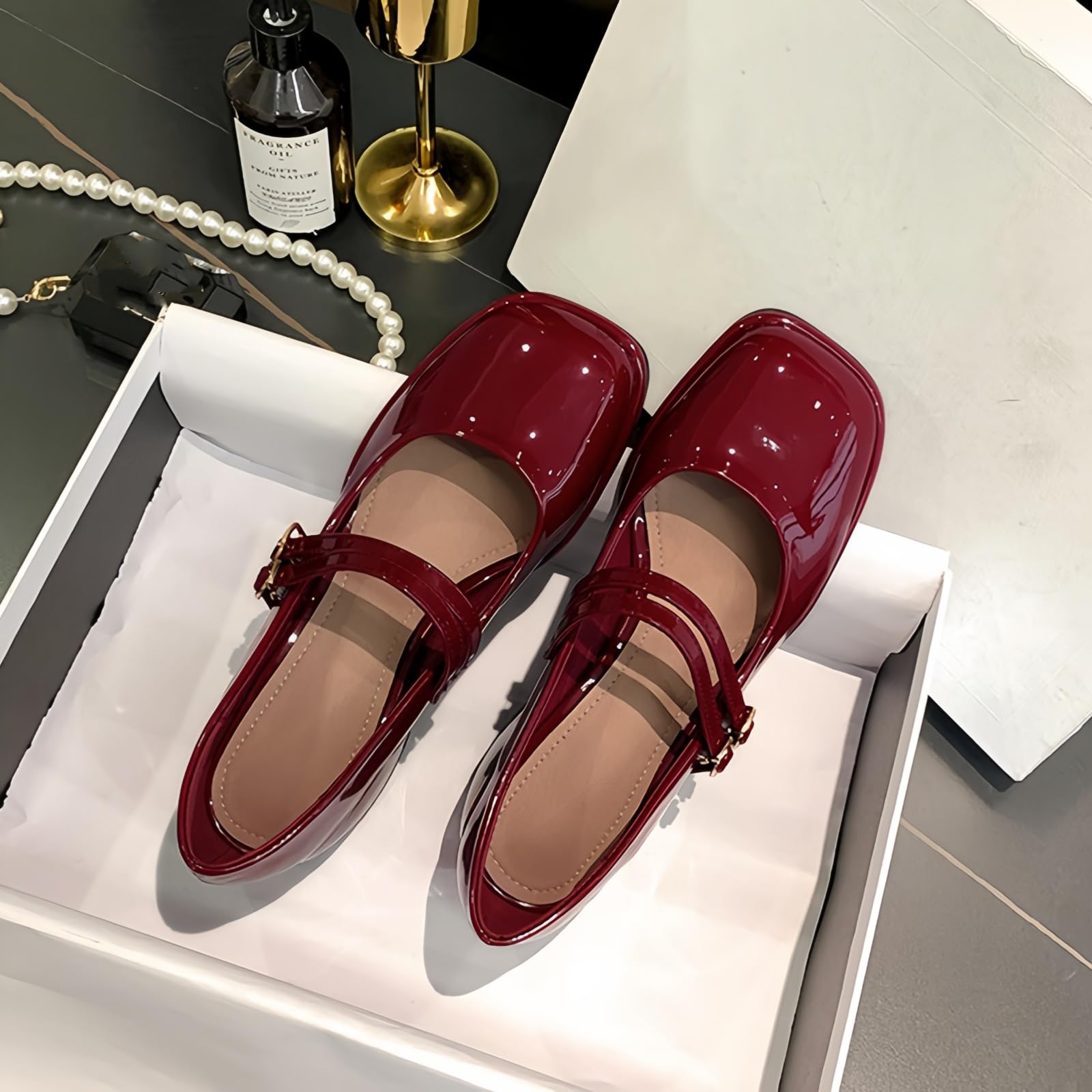 Plateforme en Cuir breveté pour Femmes Mary Janes Robe Pompes Gothique Chaussures à Talons Gros Bas Douce Lolita fermée Orteil Cheville Bracelet réglable
