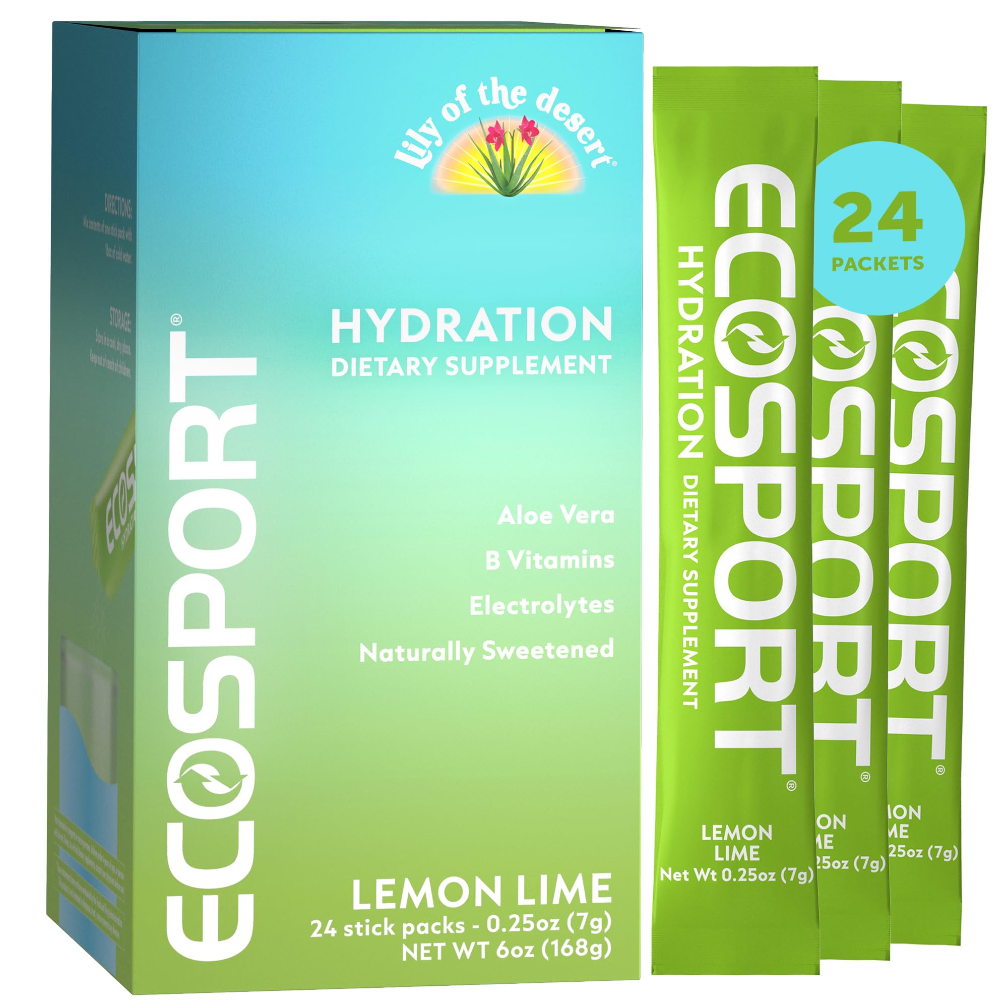 Lily of The Desert EcoSport Instant Hydration Packets - Naturally Sweetened with Electrolytes, Vitamin C, B Vitamins & Aloe, Lemon Lime, 24 Count, 0.25 Oz Ea