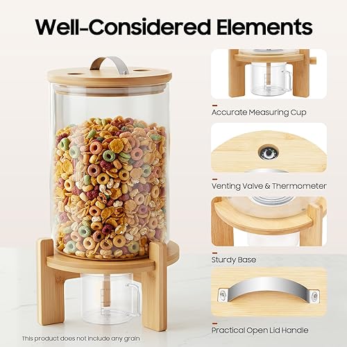 Miniatura 6 de Dispensador de cereales de 7.5 litros con base, válvula y taza medidora, botella de vidrio para almacenamiento de alimentos secos para el hogar,