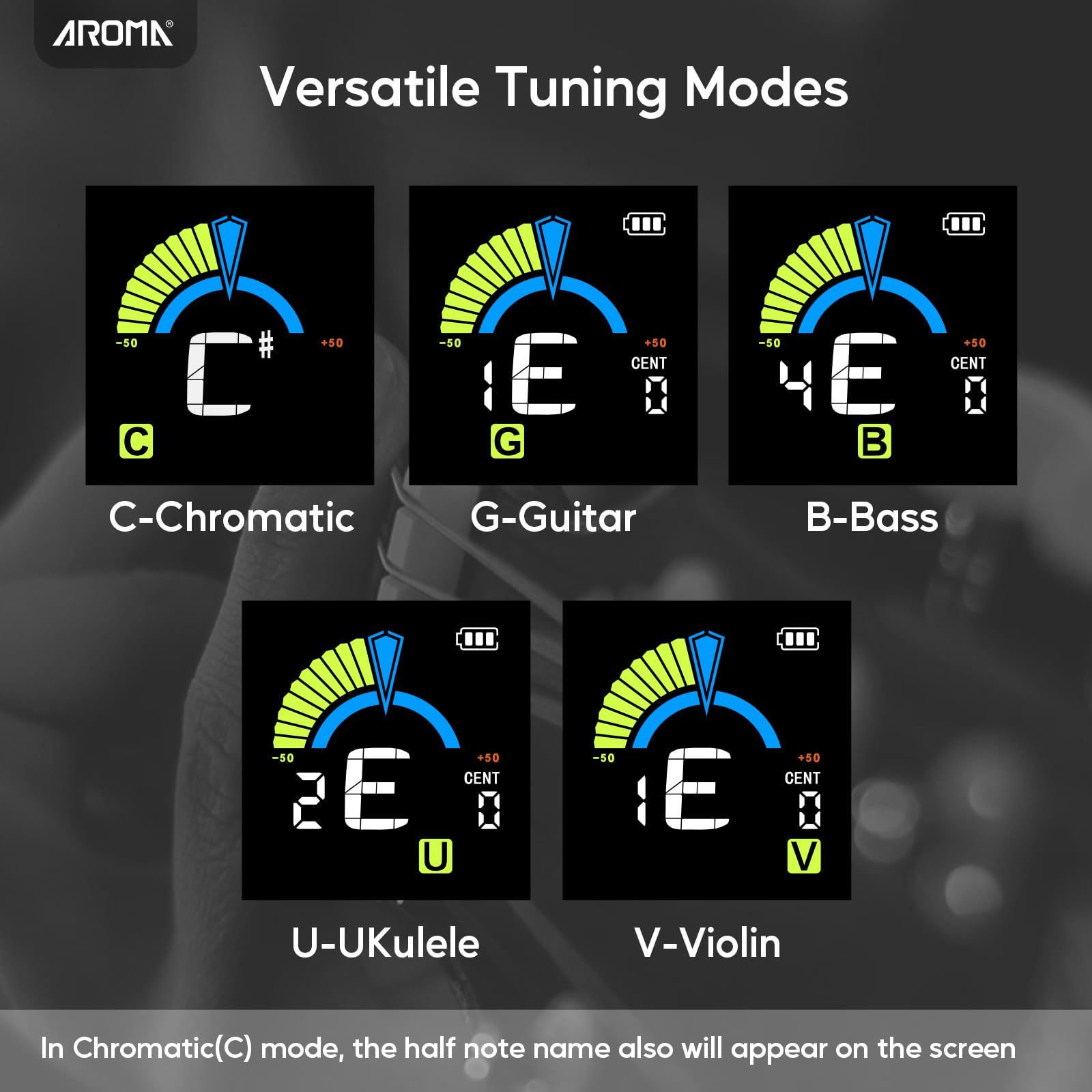 AROMA Afinador de Guitarra con Clip Recargable Afinador Cromático para Guitarra, Bajo, Ukelele, Violín, Mandolina