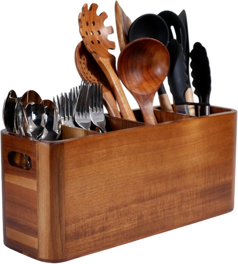 Wooden Kitchen Utensil Holder Organizer for Counter or Countertop, Large Wooden Utensil Holder for Storage Cooking and Silverware with 4 Compartment, Acacia Rustic Wood Container Extra Large