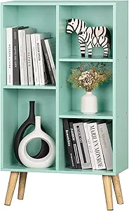 LEYAOYAO 5 Cube Bookshelf 3-Tier Bookcase with Legs,Mint Green Kids Book Shelf Cute Storage Organizer,Free Standing Open Toy Shelves Wood Bookshelves,Display Bookcases for Bedroom,Living Room,Nursery