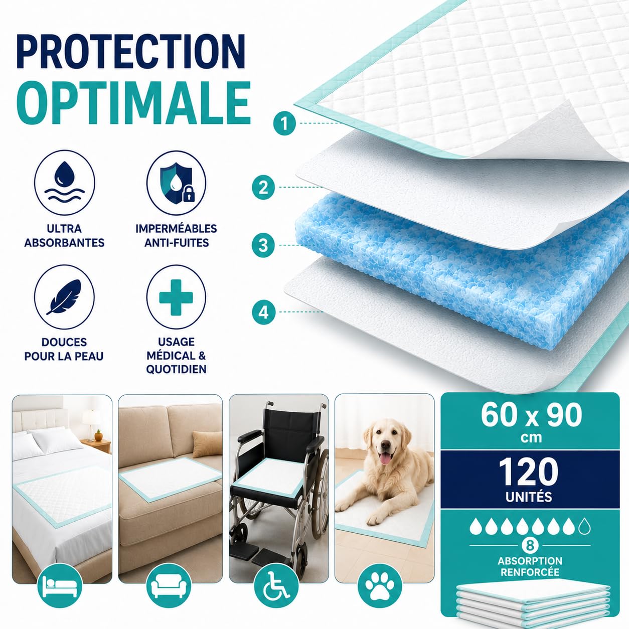 Alèse Jetable Ultra-Absorbante pour Incontinence (60x90 cm) – Imperméable, Hypoallergénique et Douce – Protection pour Lits, Fauteuils et Chaises – Pack de 120 – Le Pro du Médical