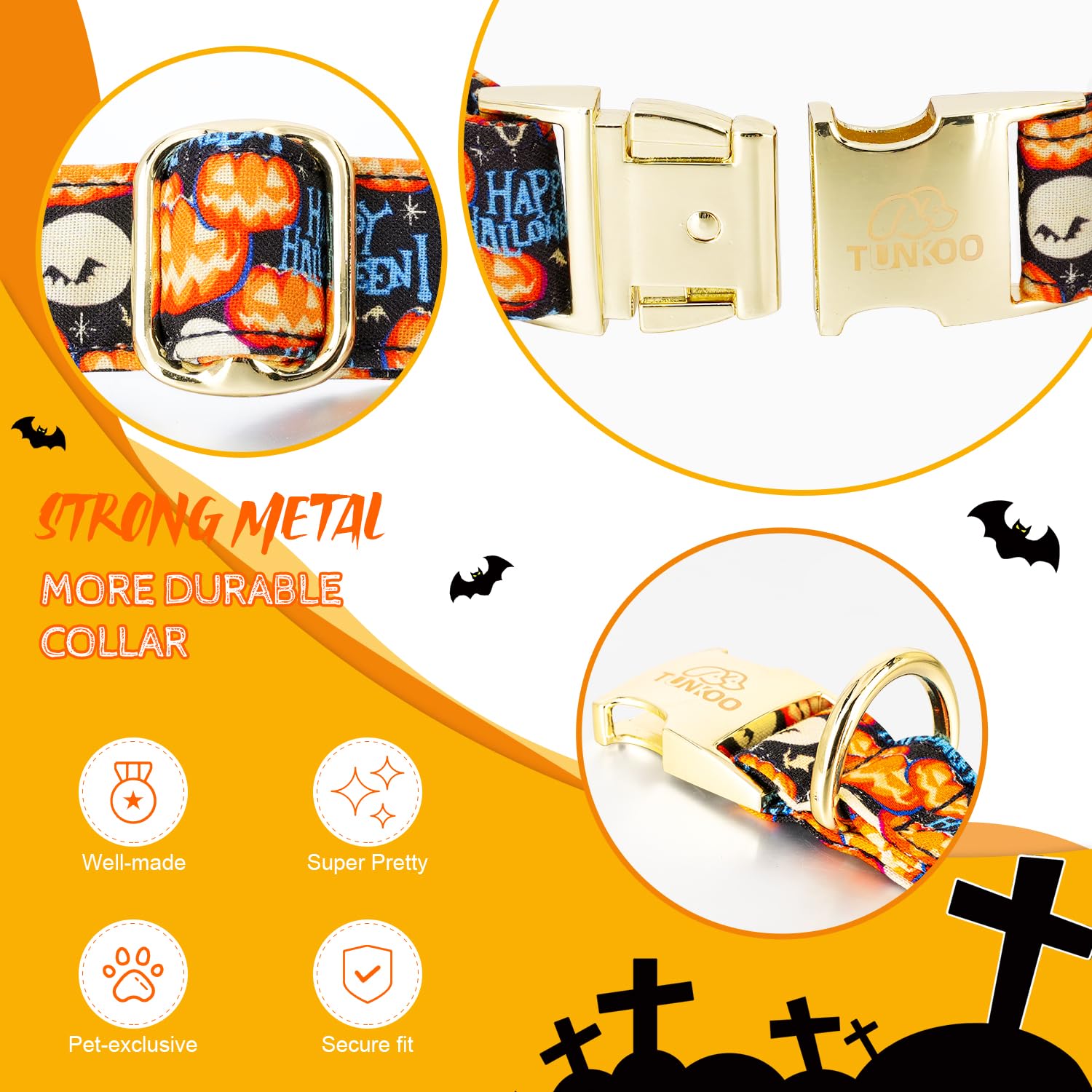 Tunkoo Happy Halloween obroża dla psa z dynią - trwała, regulowana i stylowa obroża dla zwierząt dostępna w rozmiarach S, M, L