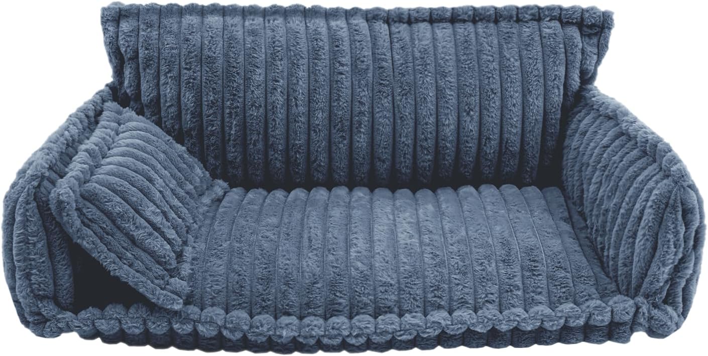 Cute Cat Couch, Fluffy Pet Sofa with 1 Pillow and Removable Cover, Indoor Supportive Cute Cat Beds, Soft Pets Couch Furniture for Home, Living Room, Bedroom, Balcony, Pet Shop (Dark Blue)