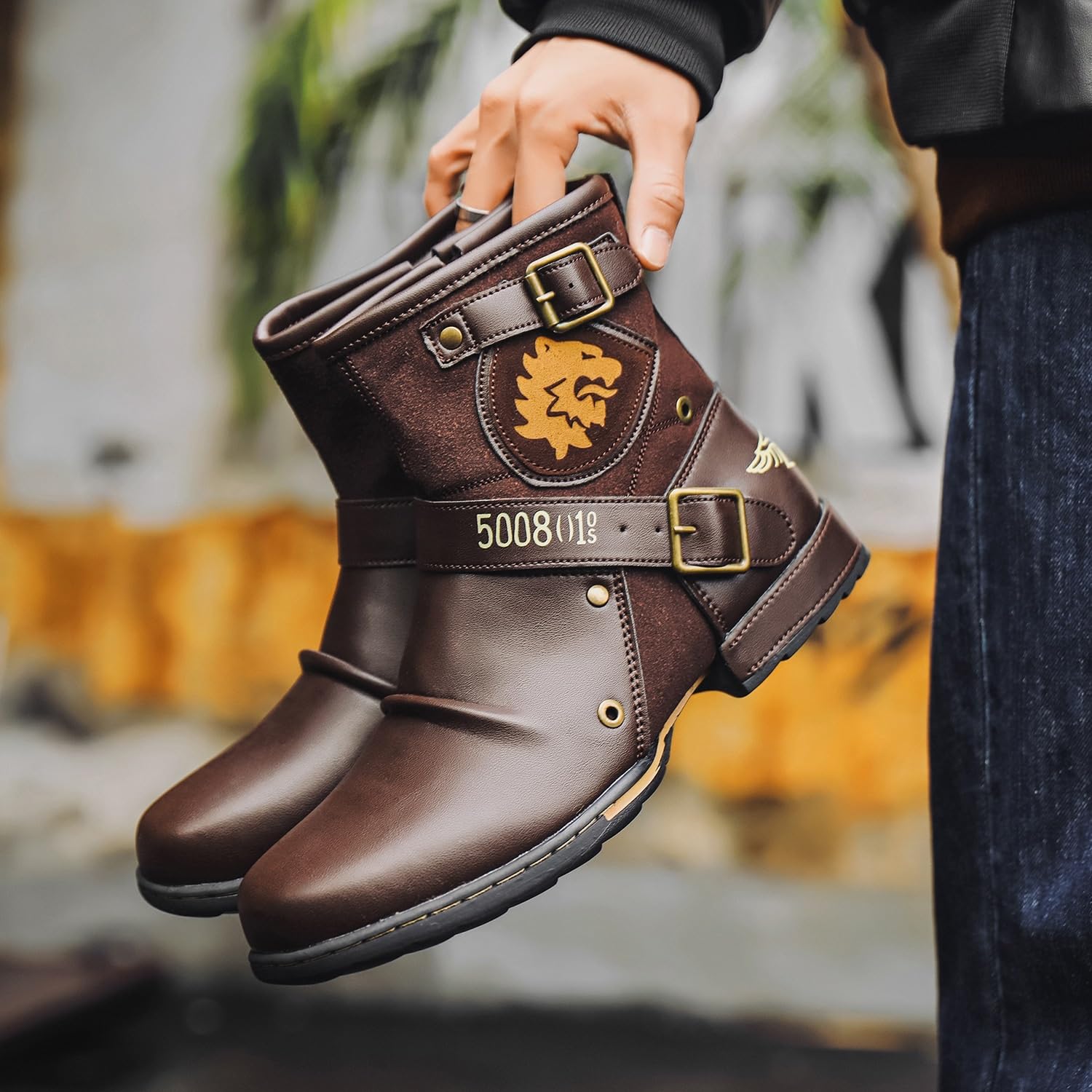 RenDiuJups Motorradstiefel Herren Knöchelhohe Lederstiefel mit Reißverschluss, wasserdichte Biker Stiefel, Stylische & Robuste Motorradschuhe in Übergrößen, rutschfest(Coffee,45 EU)