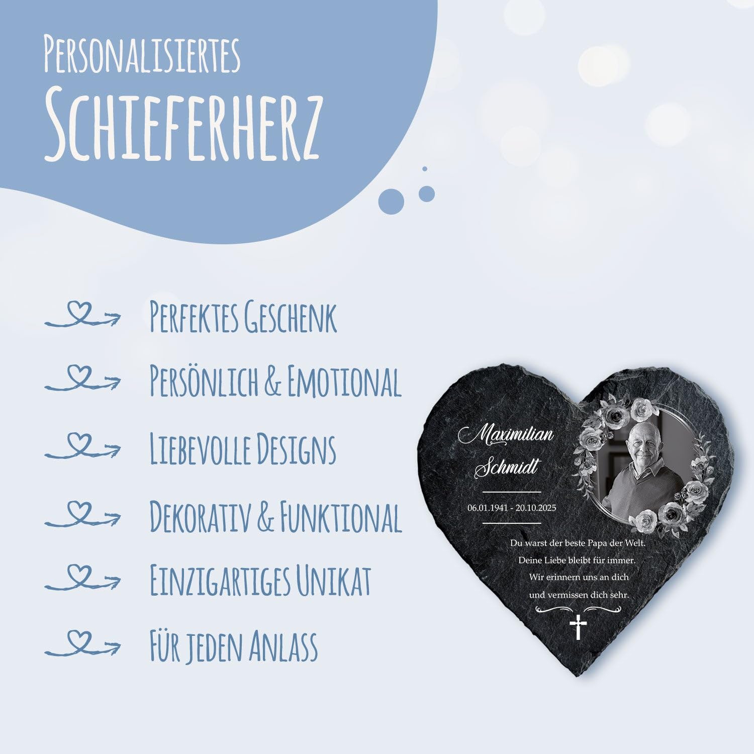 GRAVURZEILE Bedrucktes Schieferherz - In Gedenken V2 - Personalisiert mit Name, Foto & Datum - Grabtafel aus Naturschiefer in Herzform - 20 x 20 cm - Grabschmuck für Urnengrab & Gedenkort