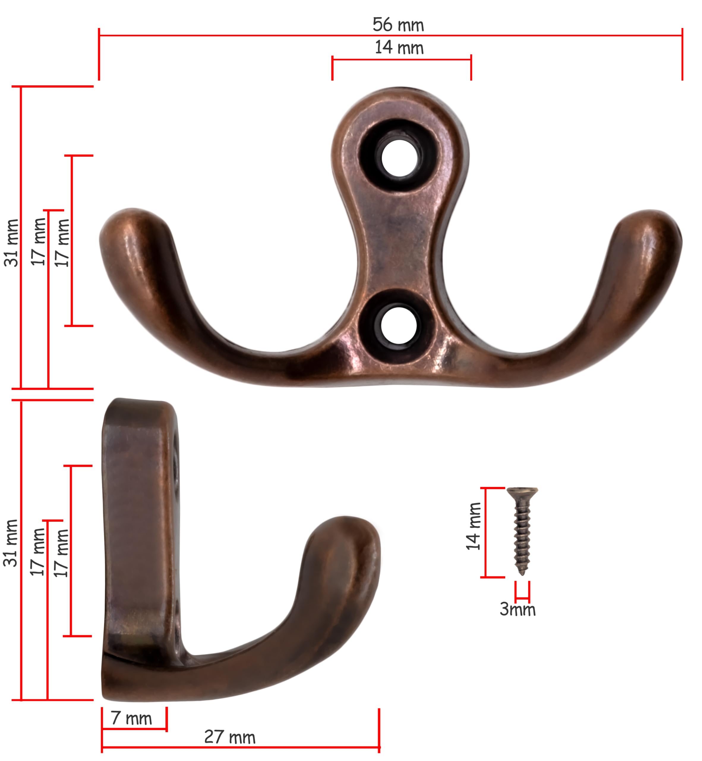 Fuxxer 5 ganci doppi classici per asciugamani, 52 x 30 mm, set da 5 pezzi, effetto rame