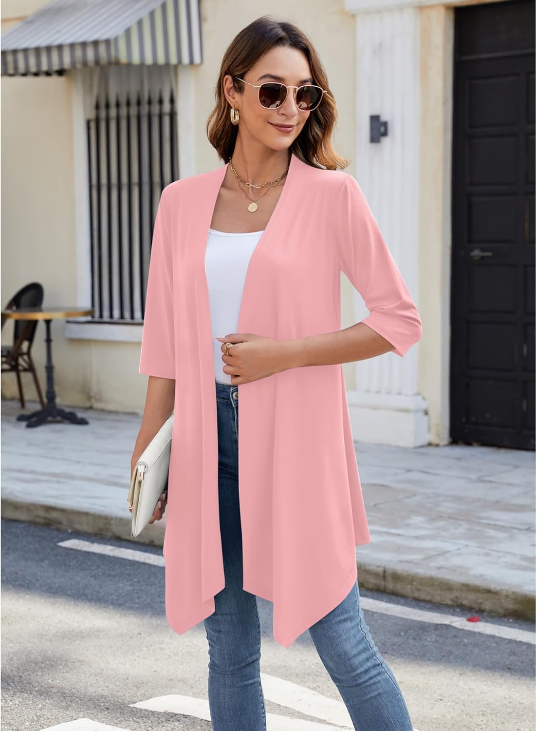 Women's Open Front Cardigan Lightweight Soft Knit 3/4 Sleeve High-Low Draped Hem Loose Casual Duster - Image 2