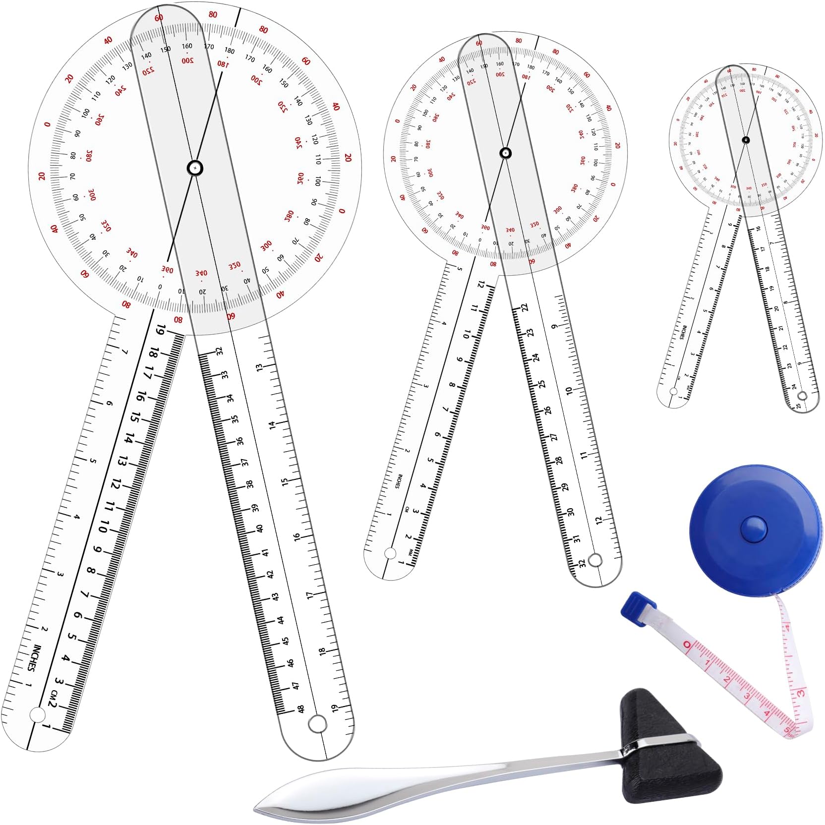 HINZIC 5 Pcs Physical Therapy Set, Goniometers 12/8/6 inch Angle Protractor 360 Degree, Taylor Hammer, Tape Measure