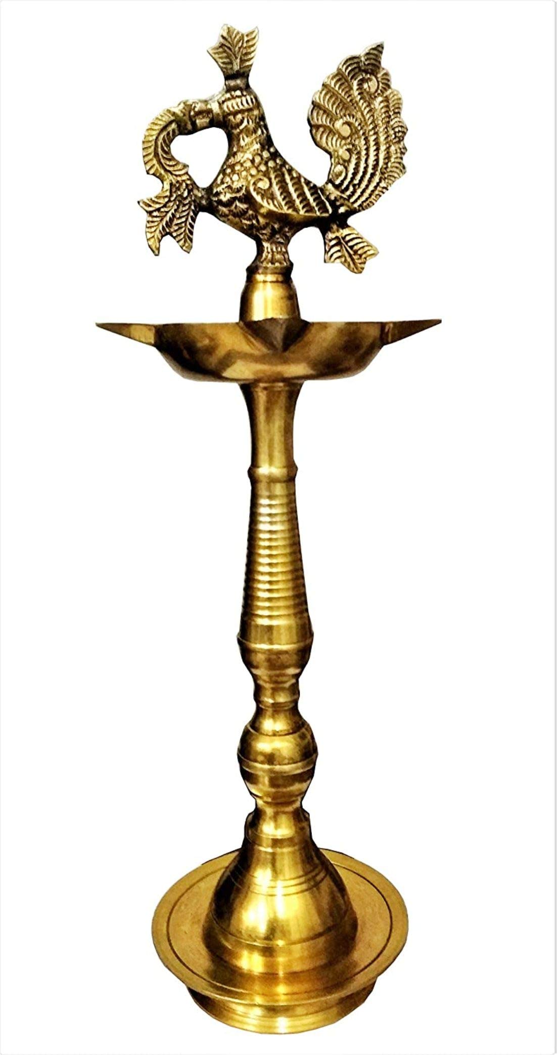 STREET CRAFT Pure Brass Traditional South Fancy Kerela Samay Diya Oil Diwali Puja Lamp, Kuthuvilakku Golden Kuthu Vilakku Ornamental Lamp Peacock Design Diya Size - 17 INCH