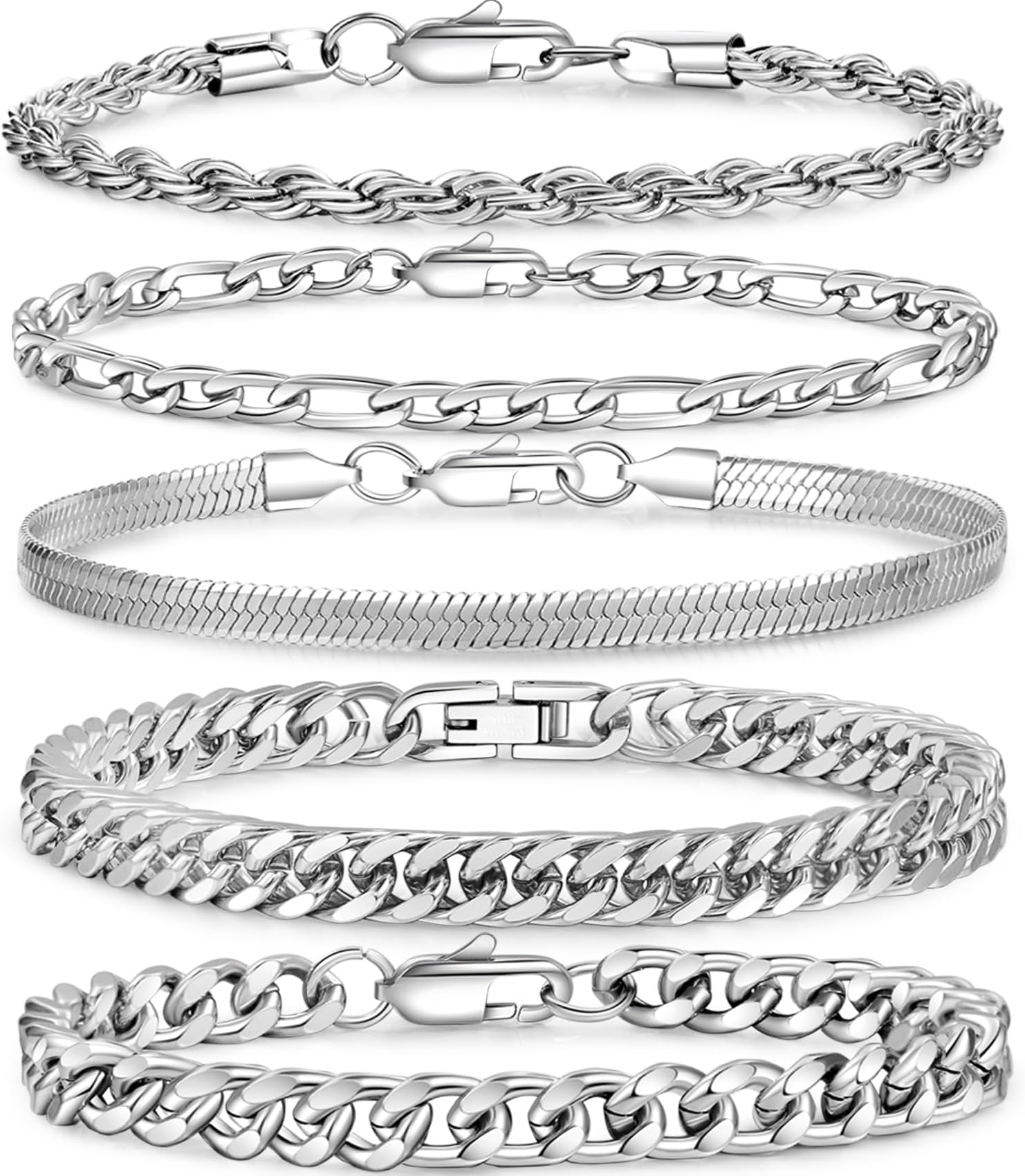 5Pcs Stainless Steel Bracelets for Men Sturdy Mens Chain Bracelet Carb Width Mens Silver Bracelet Exquisite Cuban Link Bracelet for Men Father Boyfriend 6.5/7.5/8.3/9inch