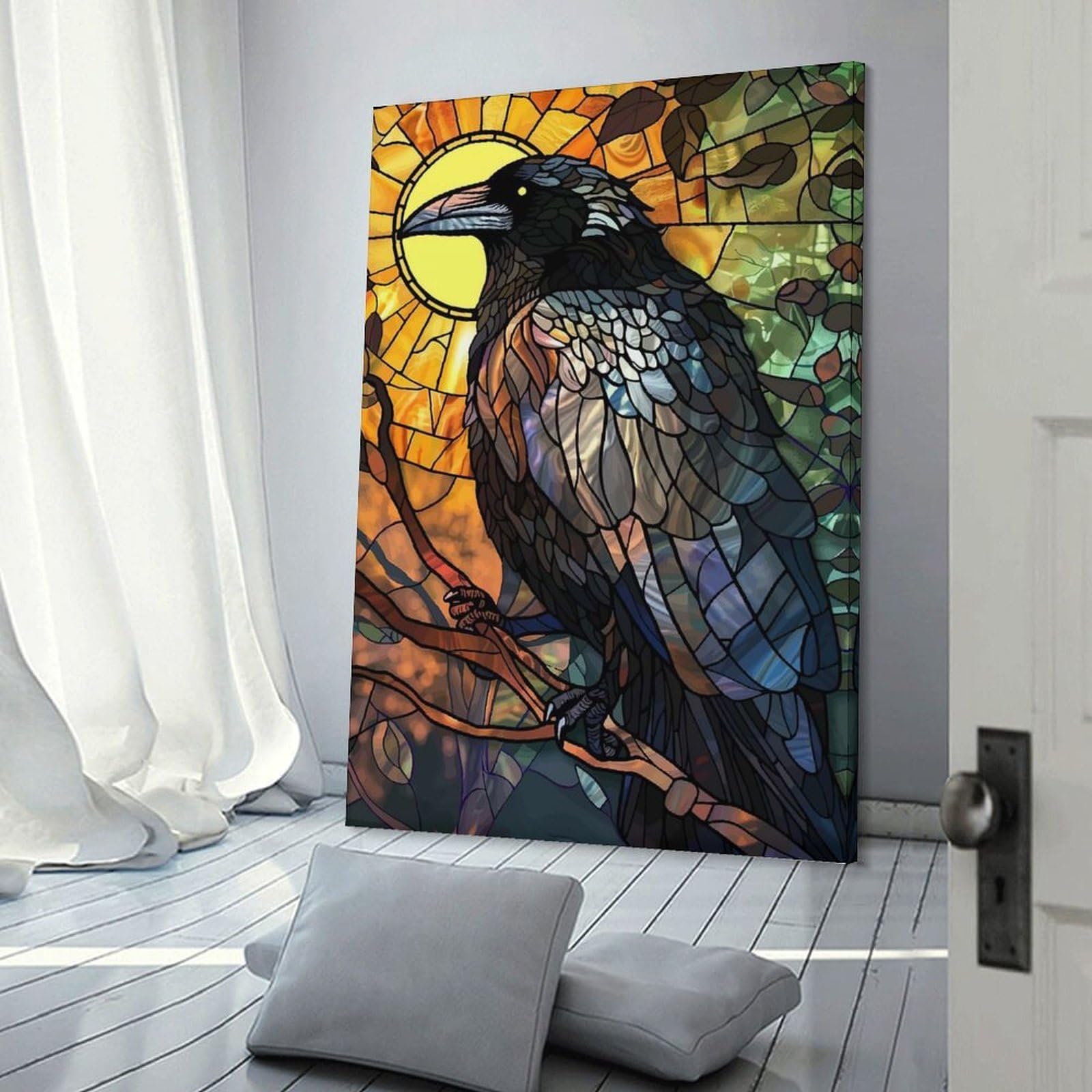 Junmoney Stained Glass Raven And Sun Canvas Wall Decor 08x12inch(20x30cm), for Workspace Walls, Study Corners Or Bedrooms, Decorative Artwork for Productive Spaces