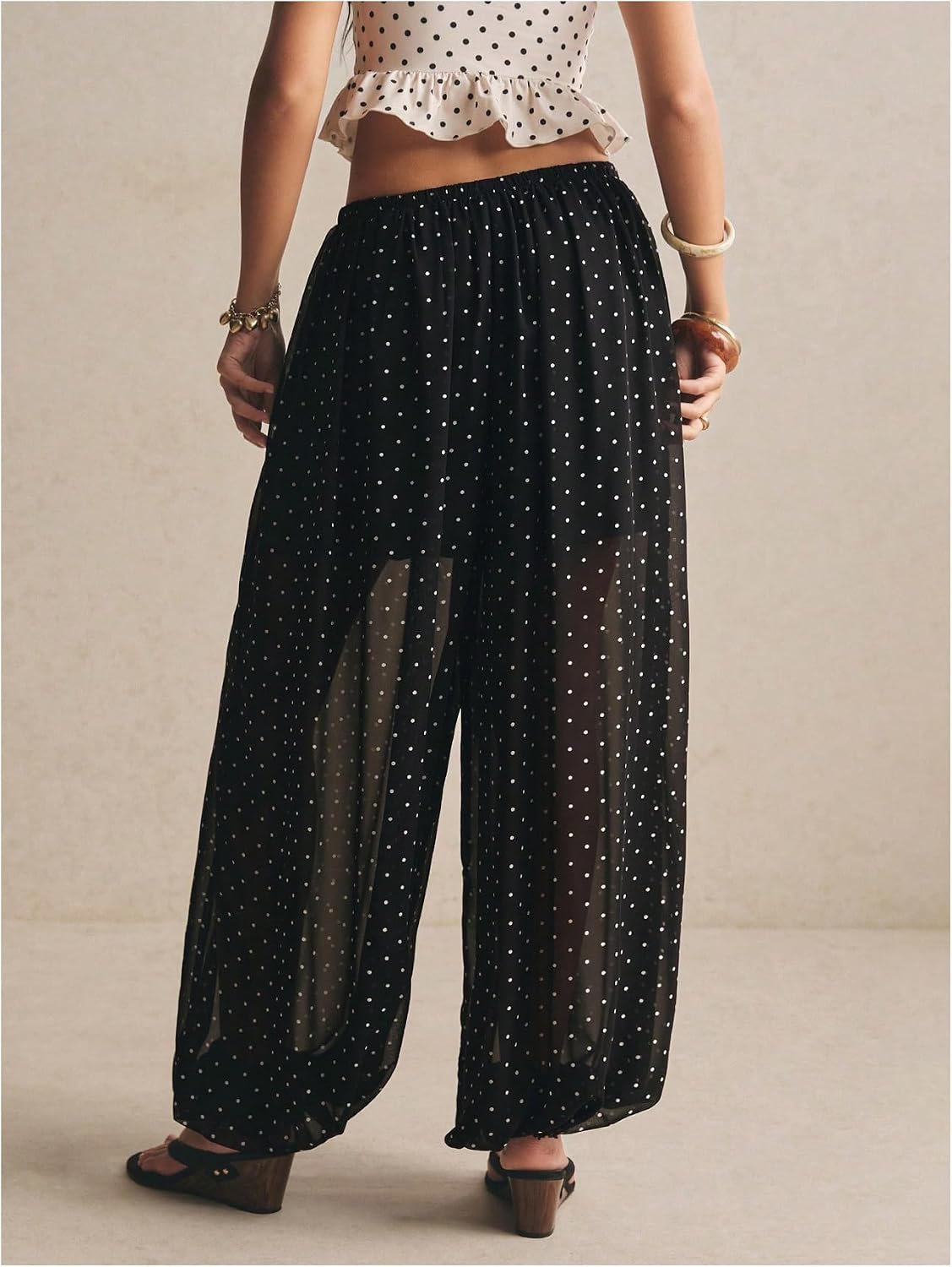 Floerns Women's Polka Dots Harem Balloon Pants Chiffon Sheer Elastic Waist Baggy Lantern Pant