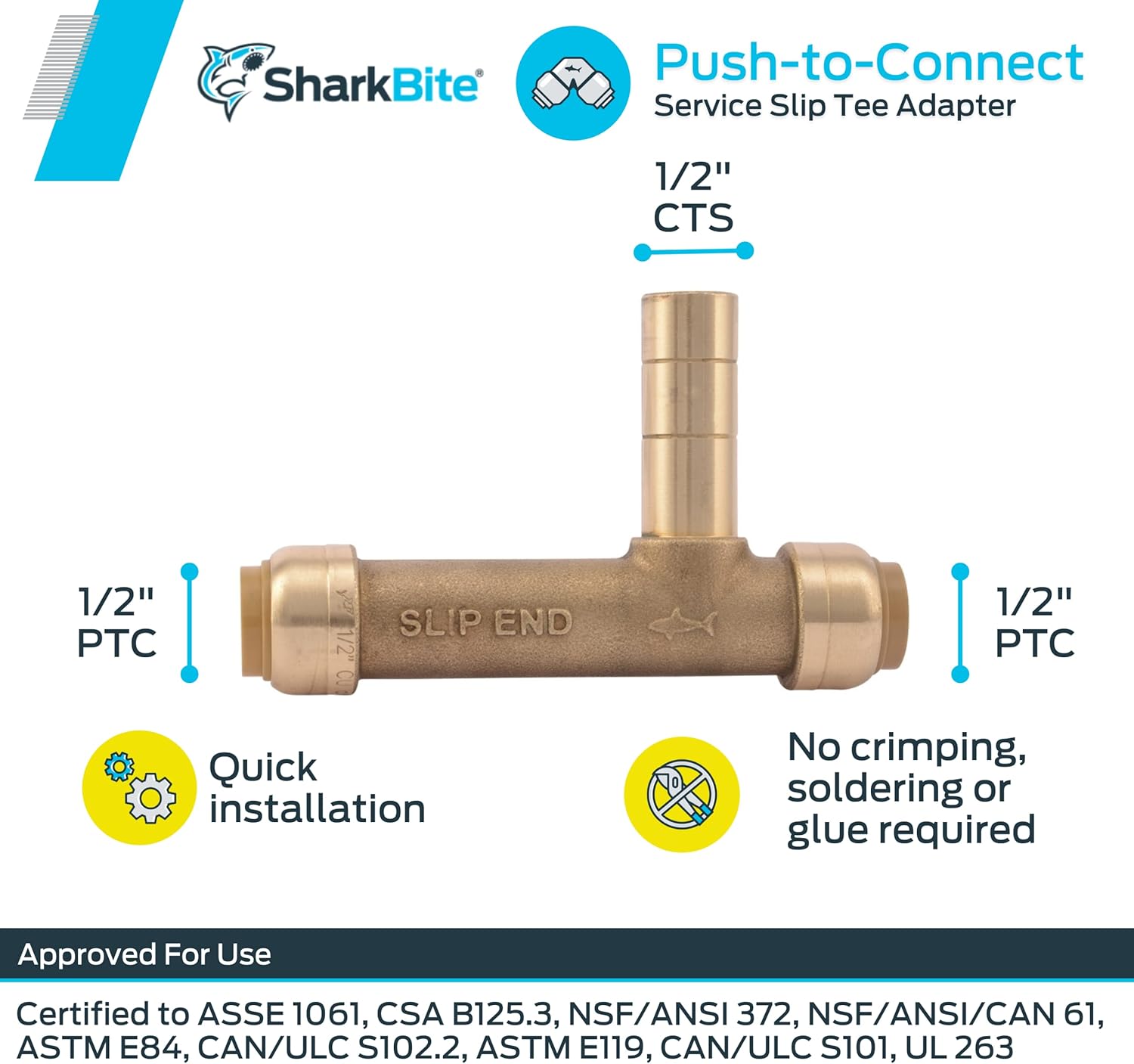 SharkBite 1/2 Inch x 1/2 inch x 1/2 Inch CTS Service Slip Tee Adapter, Push to Connect Brass Plumbing Fitting, U4482LFA