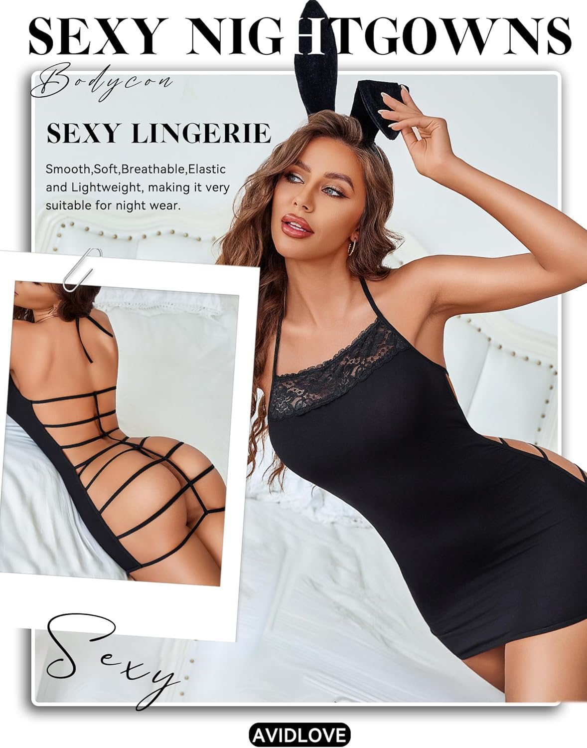 Avidlove Women's Lingerie Sexy Bodycon Nightgown Lace Neckline Babydoll Chemise Cotton Sleepwear Halter Dress Slip S-XXL - Image 4