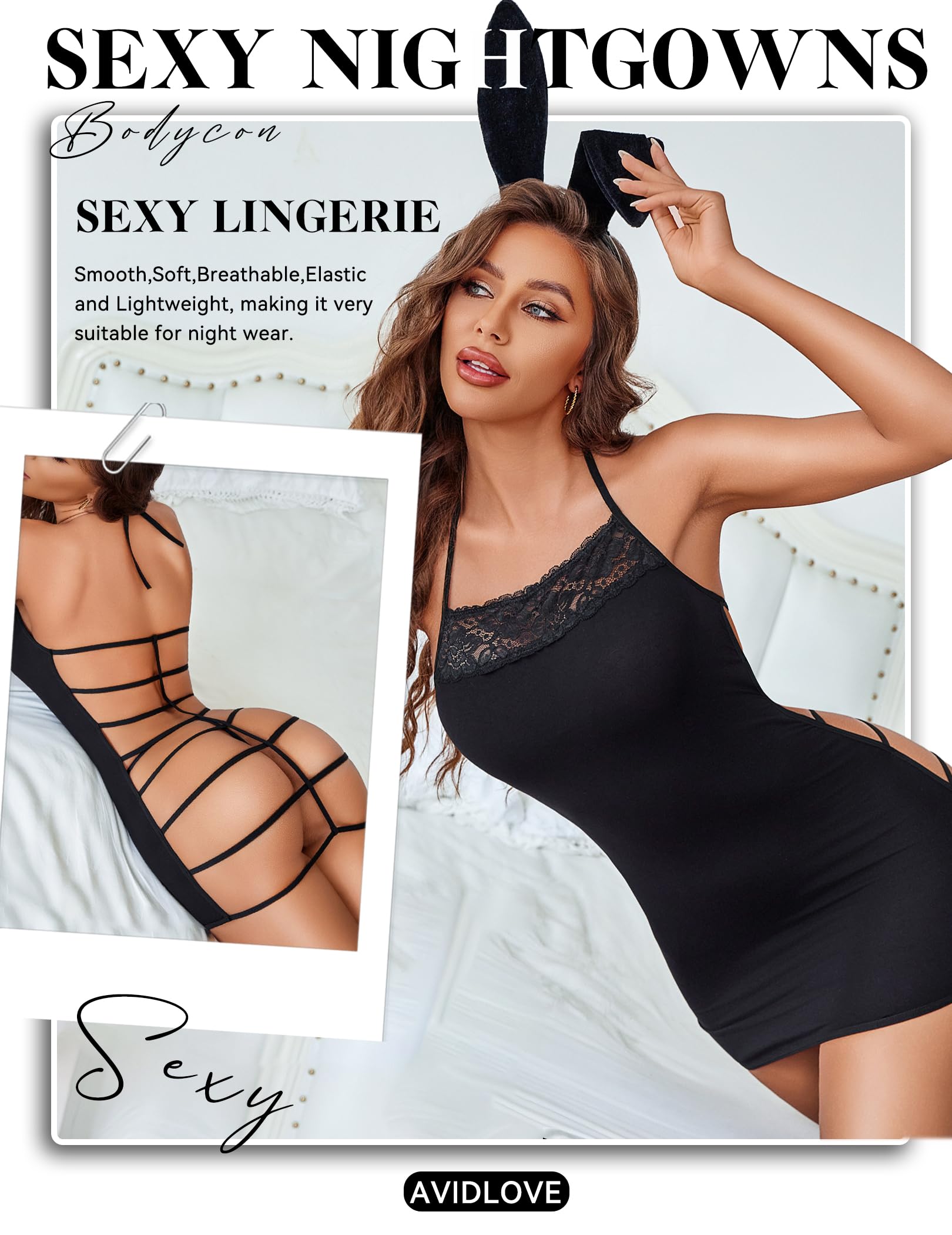 Avidlove Women's Lingerie Sexy Bodycon Nightgown Lace Neckline Babydoll Chemise Cotton Sleepwear Halter Dress Slip S-XXL