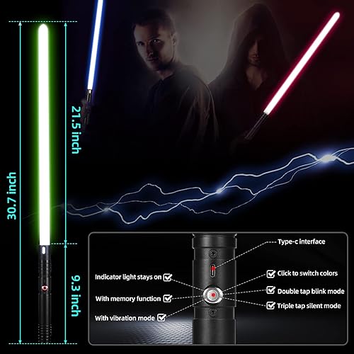 Miniatura 10 de Sable de luz 2 en 1 con mango de aleación de duelo, 15 colores RGB con 4 modos, 6 efectos de sonido, sable de luz desmontable recargable por USB, 15