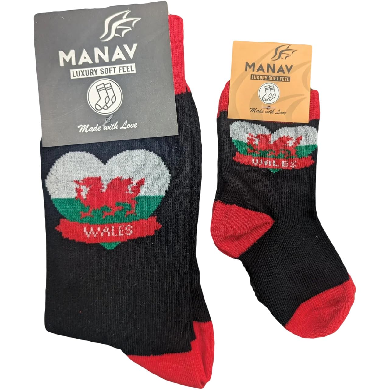 Manav Unisex Black Welsh Heart Socks | Chic & Comfortable With A Touch Of Welsh Love | Soft Everyday Sock Featuring A Bold Red Heart | Subtle National Pride Meets Everyday Style